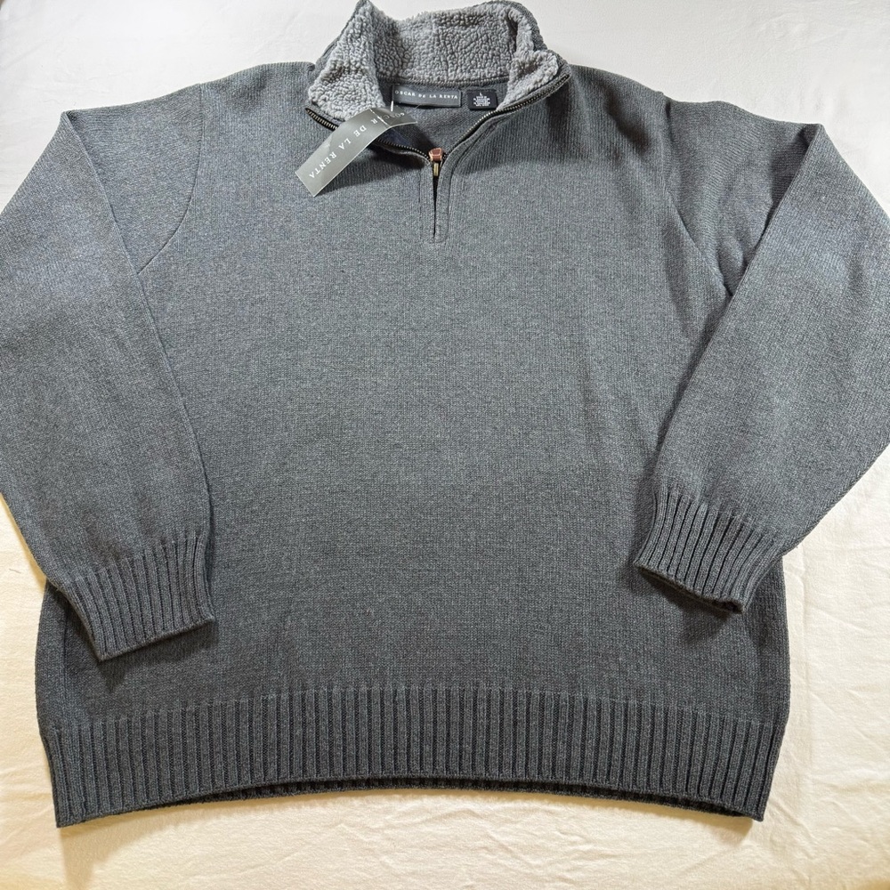 Oscar de la Renta Sherpa Collar Quarter Zip Gray Sweater Large - NWT